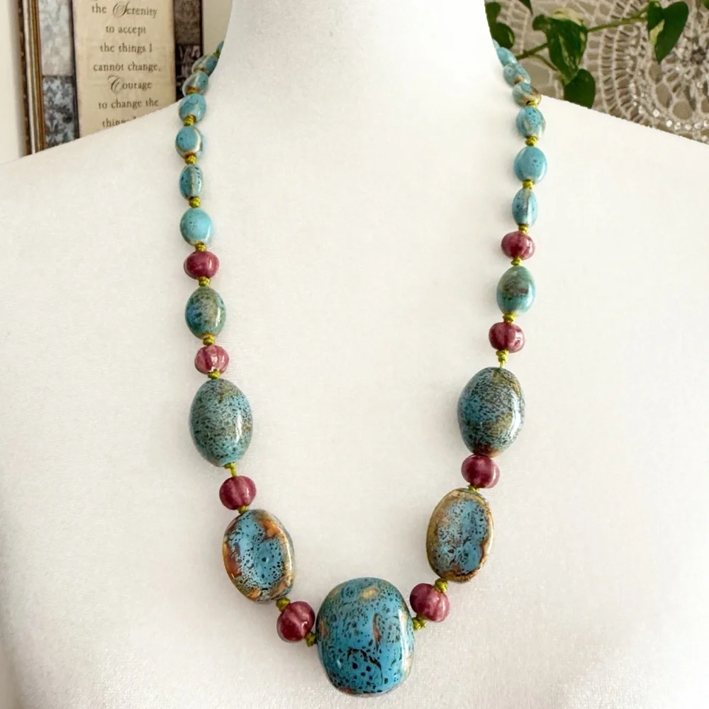 Vintage Artisan Ceramic Bead Statement Necklace Turquoise Speckled 26” Inch - Picture 3 of 15